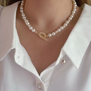 Faux Pearl Choker Necklace, Toggle Clasp, Fashion Costume Jewelry